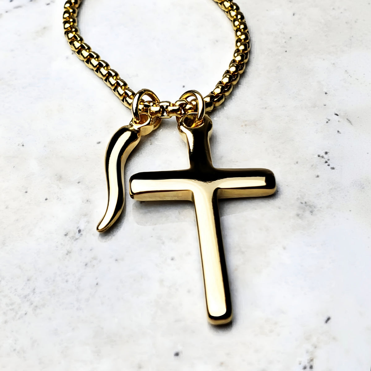 Gold Cross & Cornicello Necklace