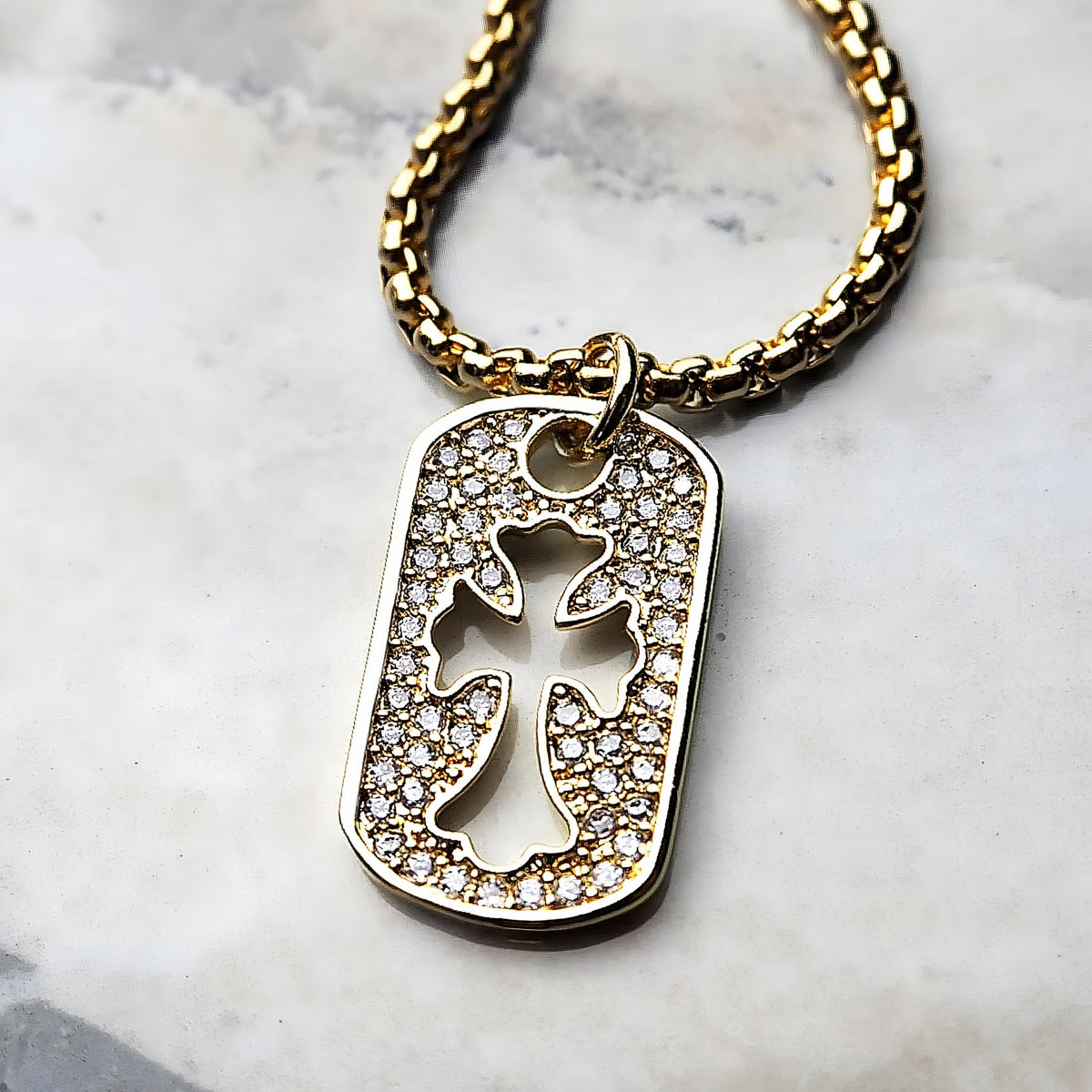 Gold Pavé Mini Cross Dog Tag