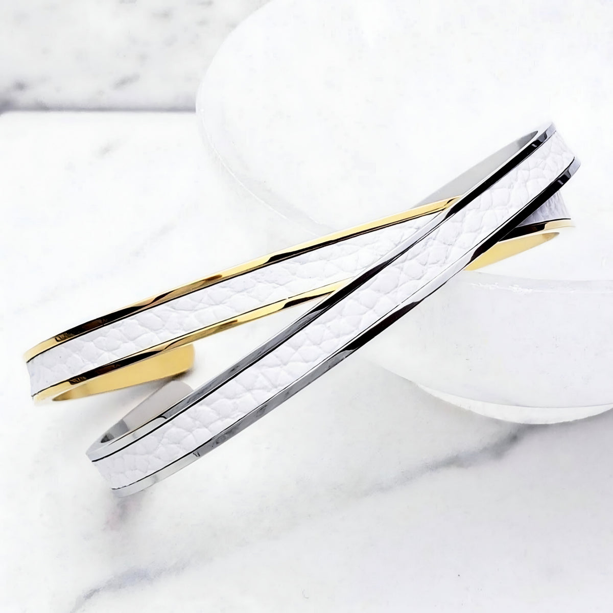 Silver White Leather Cuff Bracelet