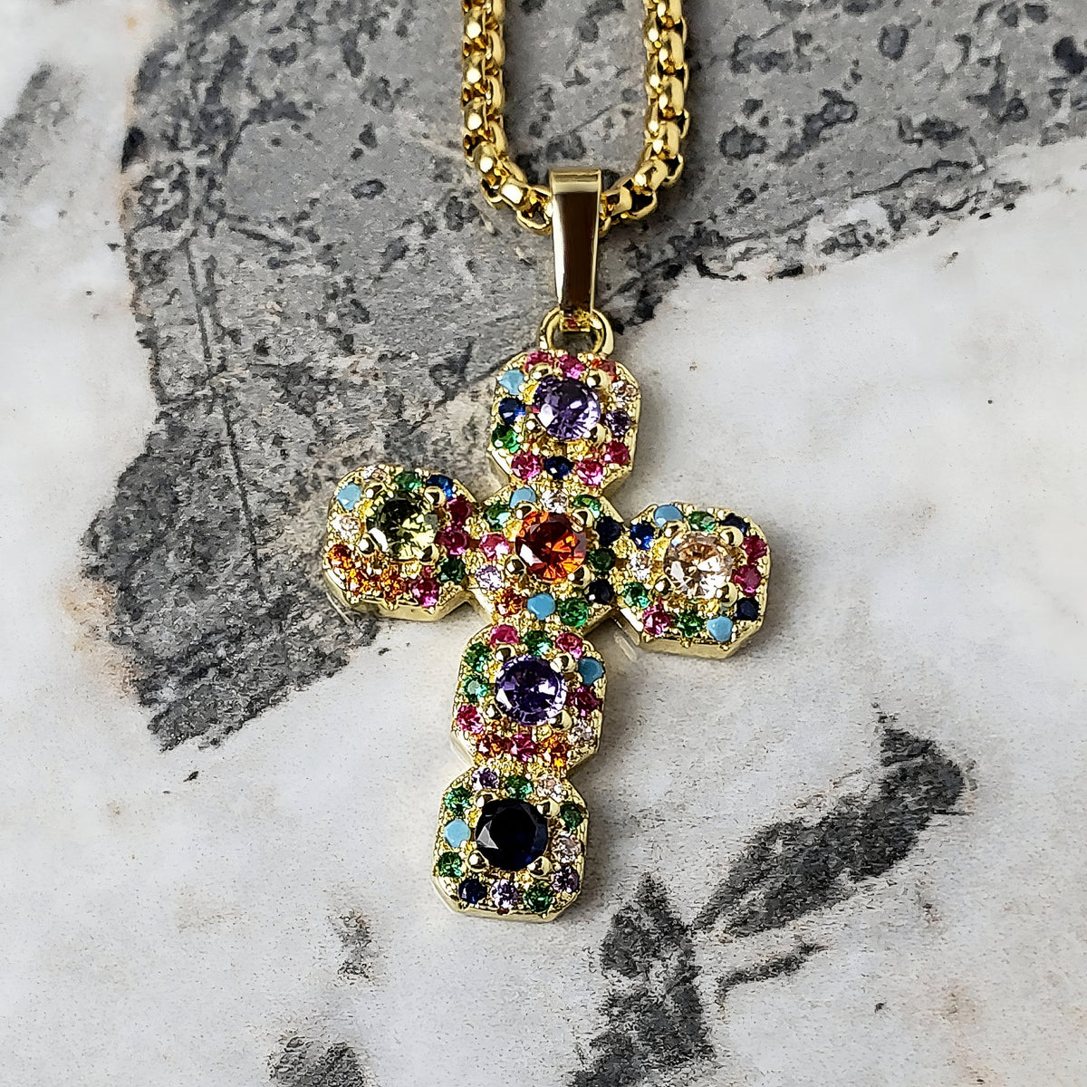 Pavé Multicolor Gold Cross