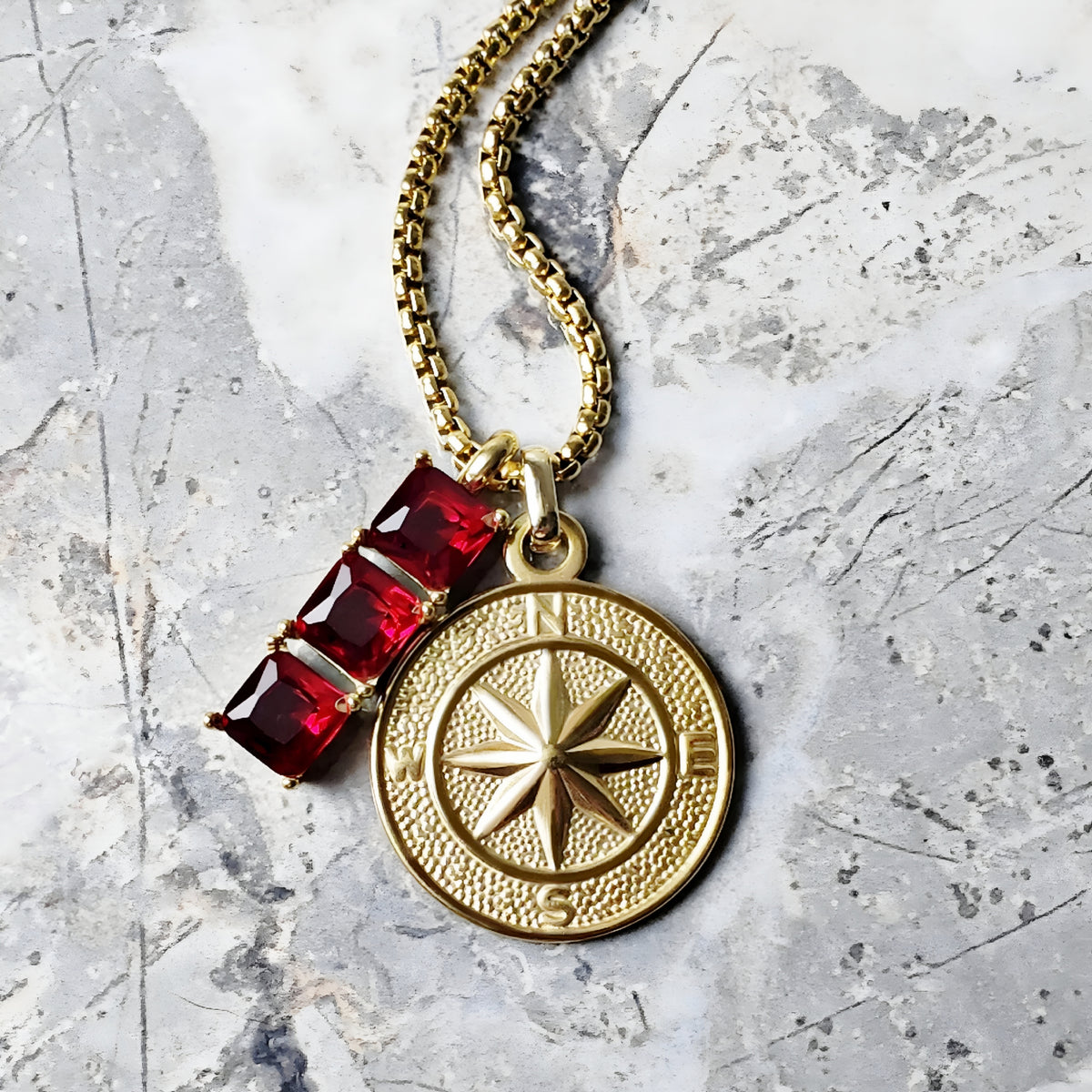 Gold Garnet & Compass Necklace