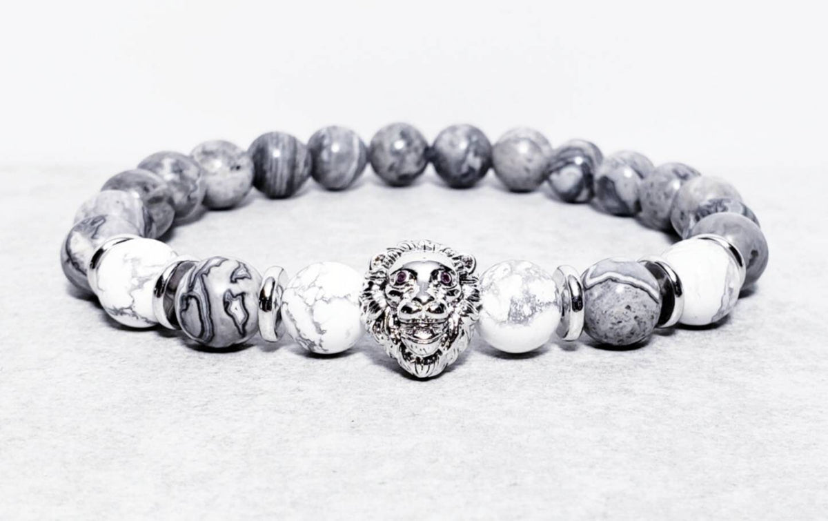 Men's "LION GRANITE" Bracelet| Men's Pavé Silver Lion Bracelet| Men's Gray Map Jasper White Howlite Gemstone Bracelet| Men's Leo Bracelet