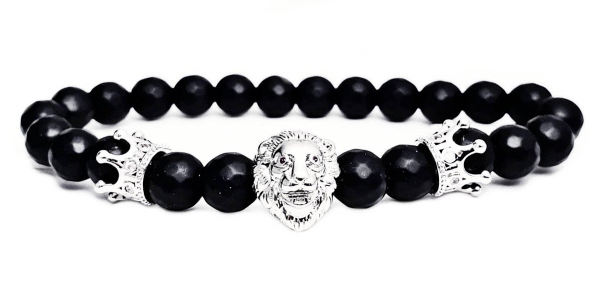Men's "ROYAL LION" Bracelet| Men's Silver Pavé Cubic Zirconia Lionhead Crowns Bracelet| Men's Matte Black Onyx Gemstone Lion Crowns Bracelet