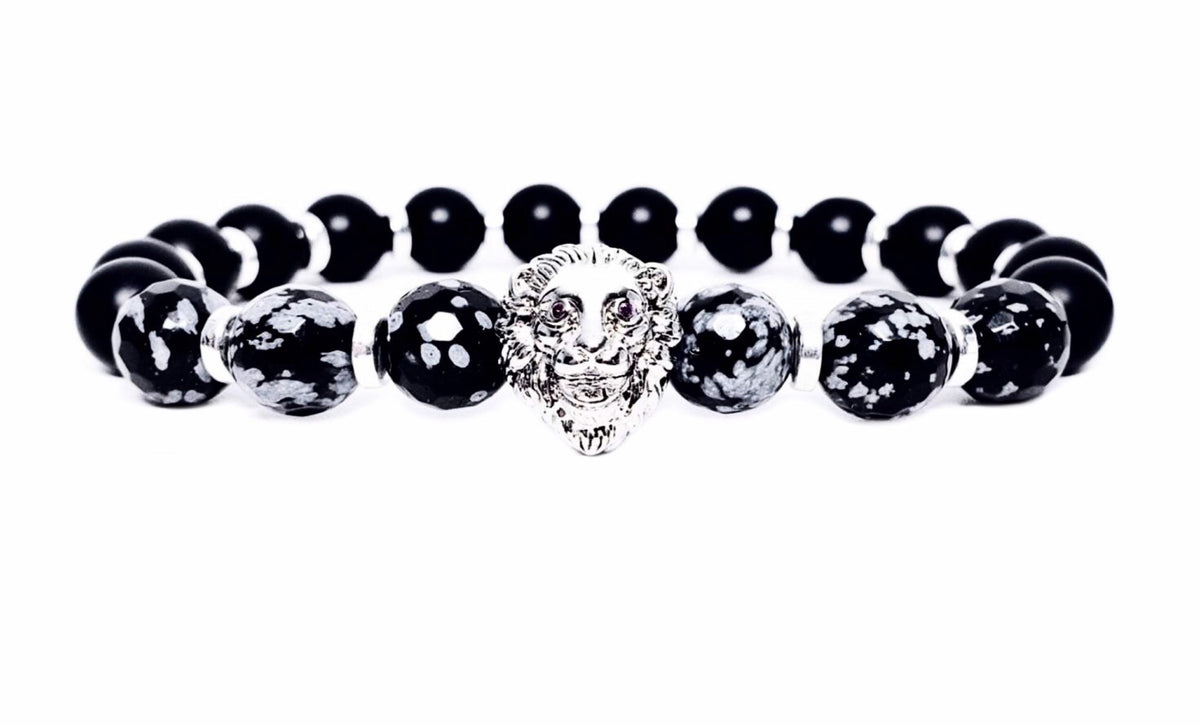 Men's "LION REFINED" Bracelet| Men's Black Onyx Snowflake Obsidian Gemstone Lion Bead Bracelet| Silver Lion Bracelet| Men's Leo Bracelet