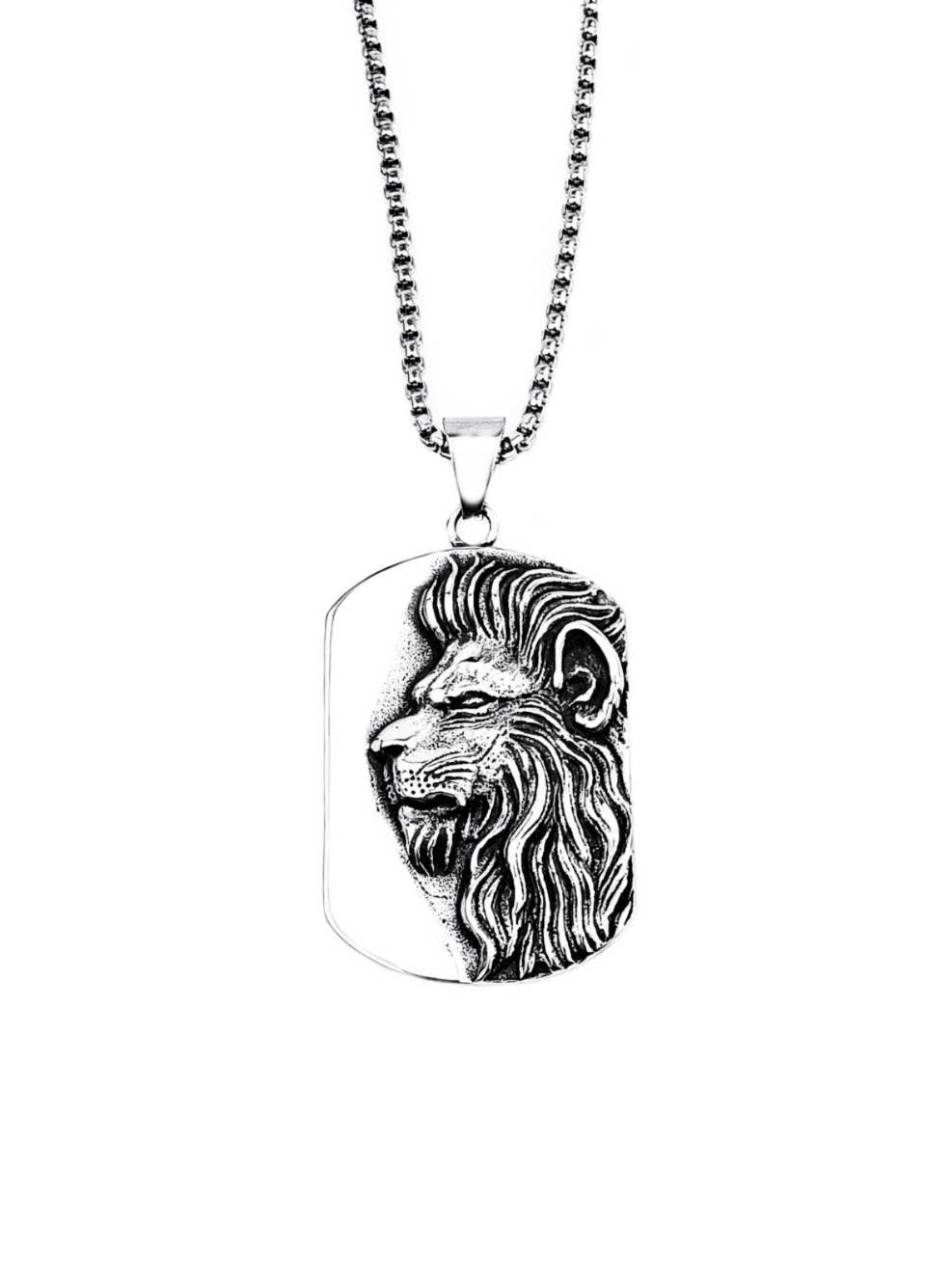 Men's "LION DOG TAG" Necklace| Men's Silver Stainless Steel Lion Dog Tag Pendant Necklace| Men's Silver Stainless Steel Box Chain Necklace