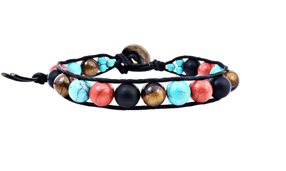 Men's "MYKONOS CUFF" Bracelet| Men's Tiger Eye Turquoise Red Howlite Black Onyx Gemstone Black Leather Cuff Bracelet| Men's Leather Wrap
