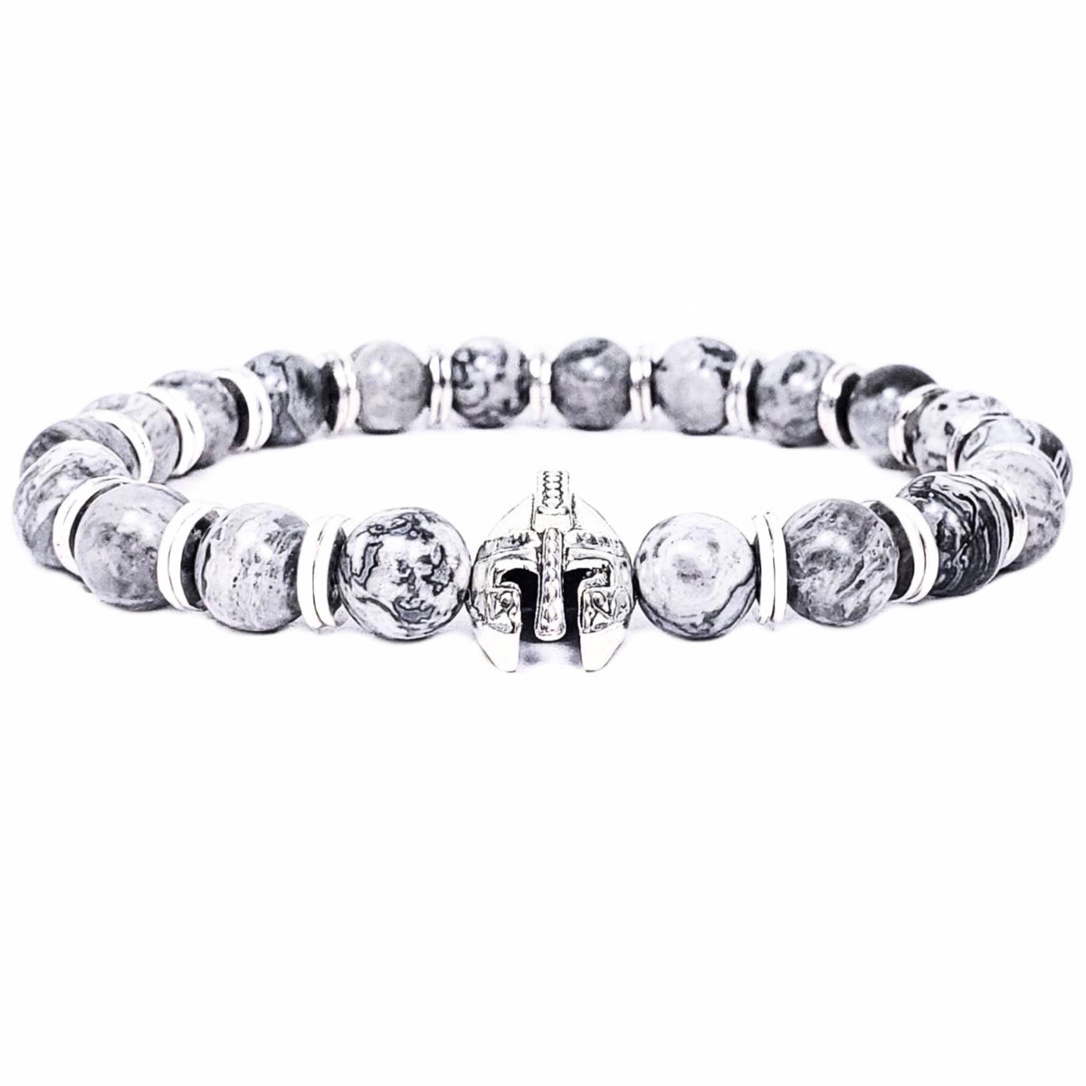 Men's "SPARTAN SILVER" Bracelet| Men's Silver Gladiator Helmet Bracelet| Men's Gray Map Jasper Gemstone Bracelet| Men's Spartan Bracelet