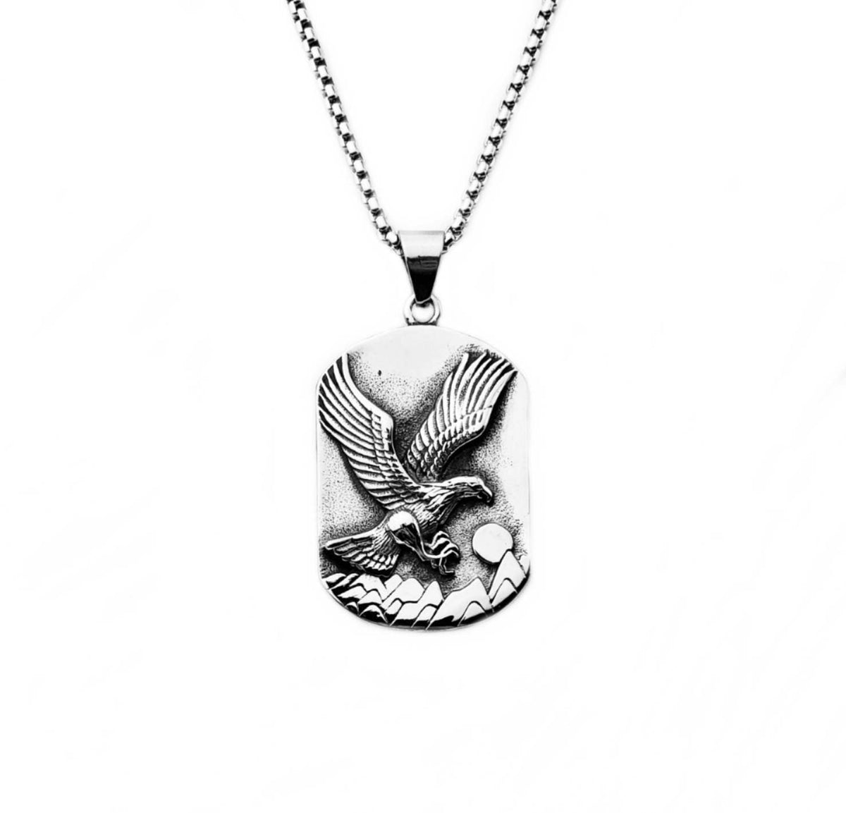 Men's "EAGLE DOG TAG" Necklace| Men's Silver Stainless Steel Eagle Dog Tag Pendant Necklace| Men's Silver Stainless Steel Box Chain Necklace