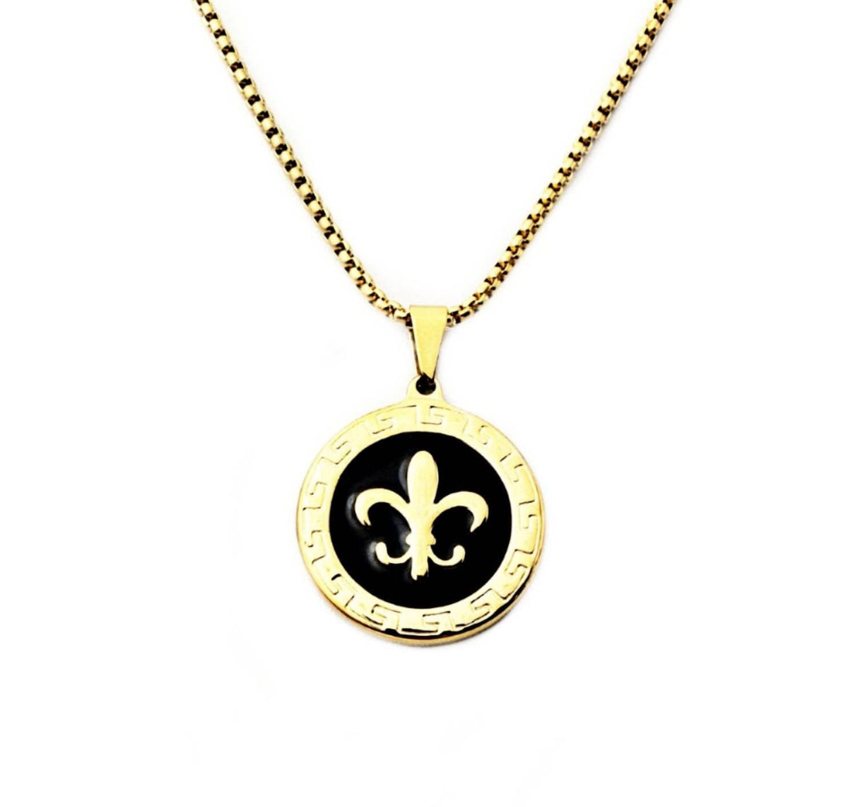 Men's GOLD FLEUR de LIS" Necklace| Men's Gold Black Stainless Steel Fleur de Lis Medallion Pendant Necklace| Men's Gold Box Chain Necklace
