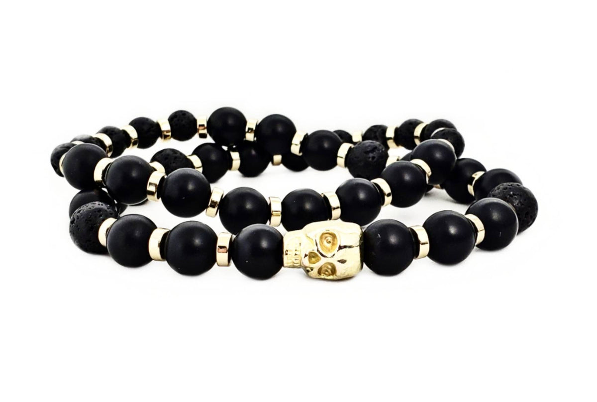 Men's "SKULL LAVA WRAP" Bracelet| Men's Gold Skull Double Wrap Bracelet| Men's Black Lava Stone Matte Black Onyx Gemstone Wrap Bracelet