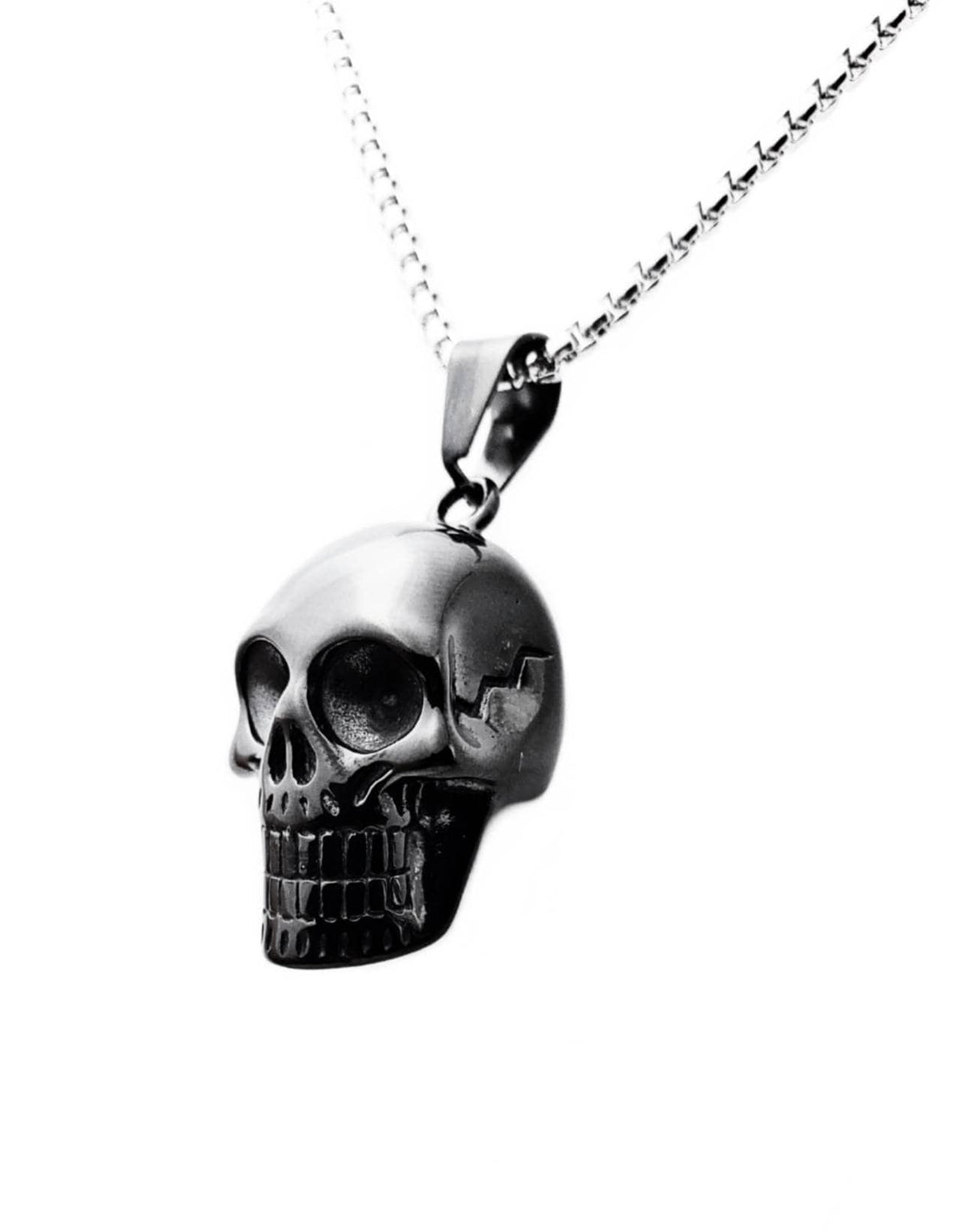 Men's "SKULL BLACK" Necklace| Men's Black Stainless Steel Skull Pendant Necklace| Men's Silver Stainless Steel Box Chain Skull Necklace