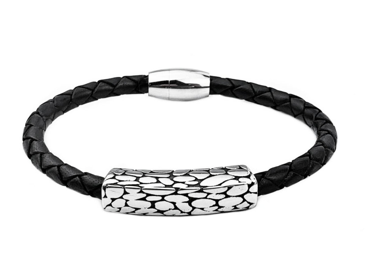 Men's "BLACK LEATHER & STEEL" Bracelet| Men's Black Braided Italian Leather Bracelet| Men's Silver Stainless Steel Pebble Slide Bracelet