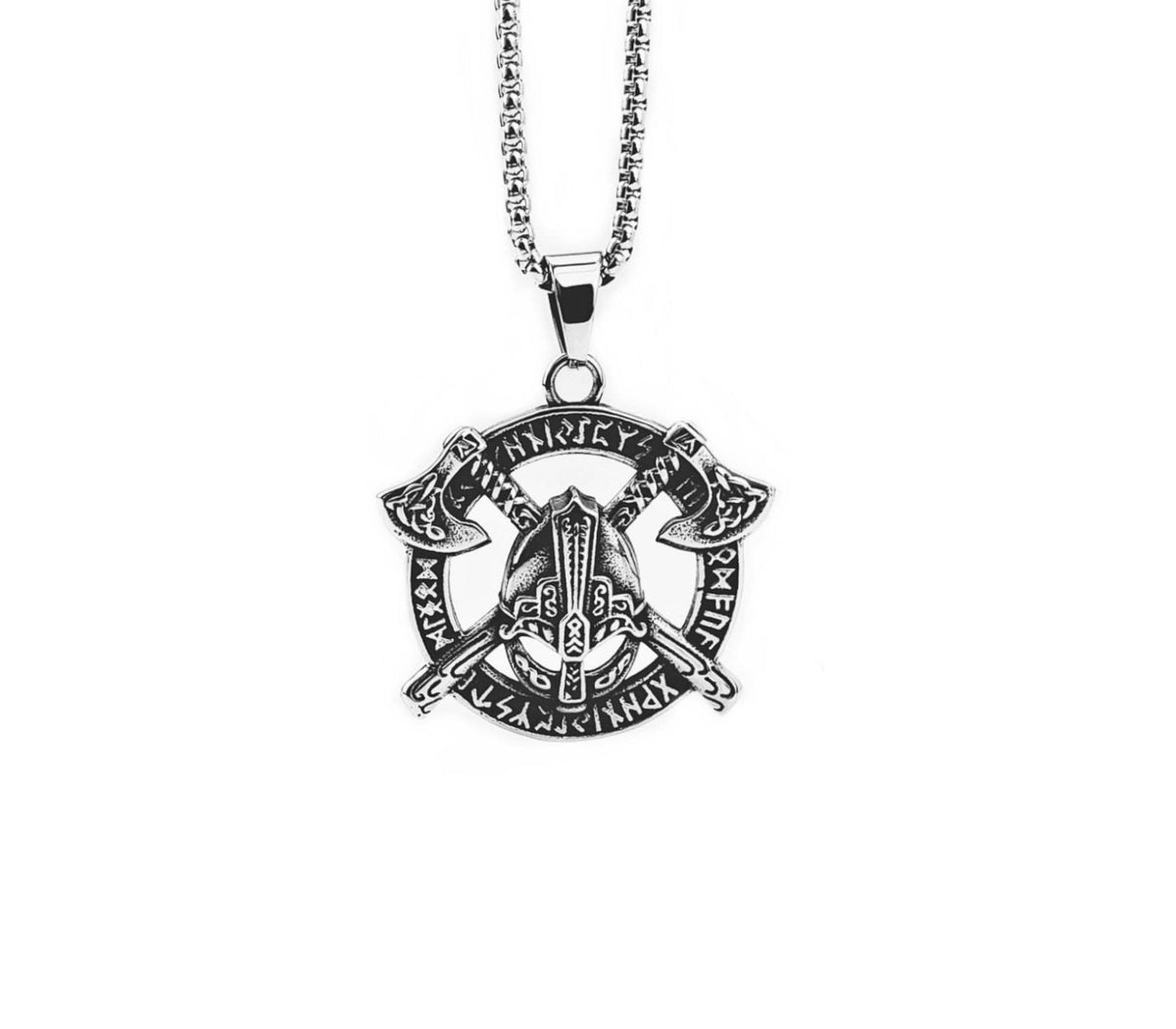 Men's "GLADIATOR BATTLE" Necklace| Men's Silver Stainless Steel Gladiator Battle Axes Medallion Pendant Necklace| Men's Box Chain Necklace