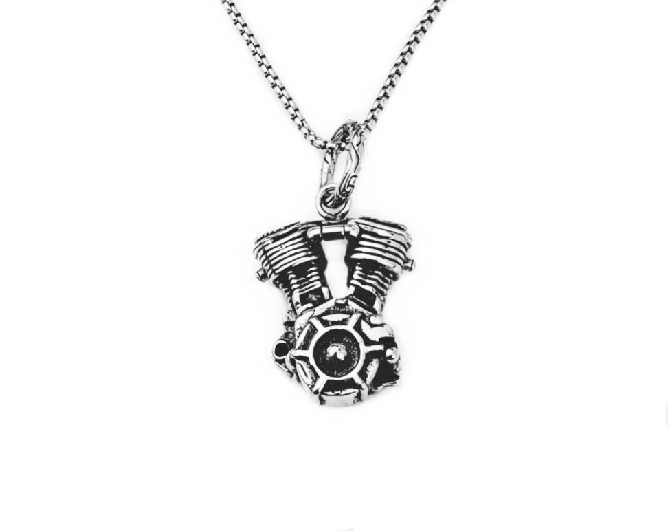 Men's "STEEL MOTORCYCLE ENGINE" Necklace| Men's Silver Stainless Steel Engine Pendant Necklace| Men's Silver Box Chain Necklace