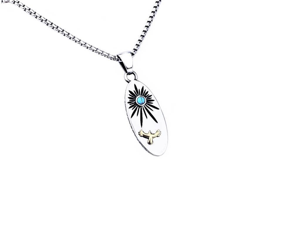 Men's "EAGLE SURFBOARD" Necklace| Men's Silver & Gold Stainless Steel Eagle Turquoise Surfboard Pendant Necklace| Men's Box Chain Necklace
