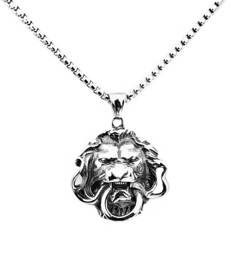 Men's "REGAL LION" Necklace| Men's Silver Stainless Steel Lion Pendant Necklace| Men's Silver Stainless Steel Box Chain Necklace