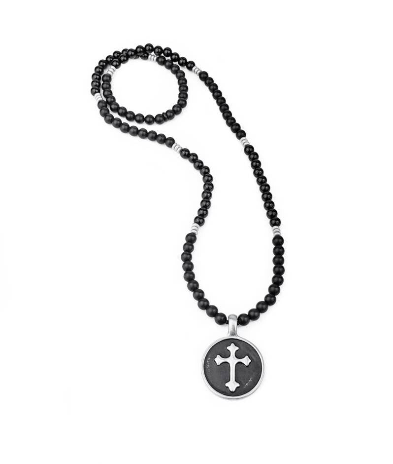 Men's "CROSS MEDALLION" Necklace| Men's Silver & Black Cross Medallion Beaded Necklace| Men's Matte Black Onyx Gemstone Cross Necklace
