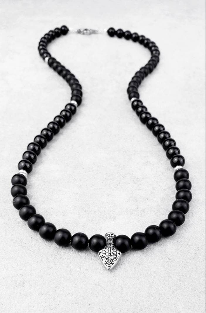 Men's "DARK SHIELD" Necklace| Men's Silver Stainless Steel Shield Beaded Necklace| Men's Black Onyx Matte Black Onyx Gemstone Clasp Necklace