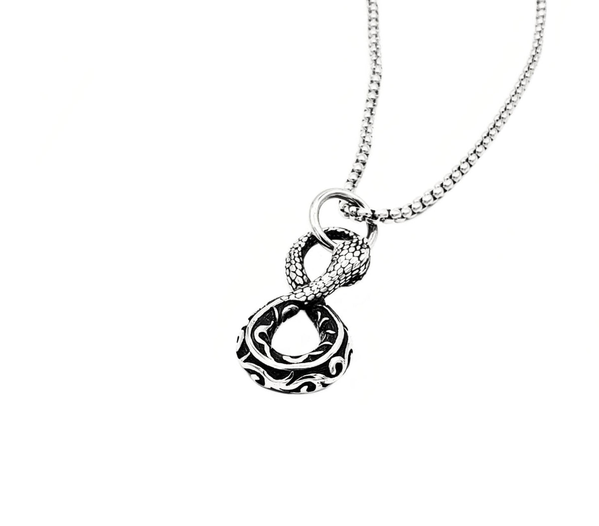 Men's "OUROBOROS INFINITY SNAKE" Necklace| Men's Silver Stainless Steel Ouroboros Infinity Snake Pendant Necklace| Men's Box Chain Necklace