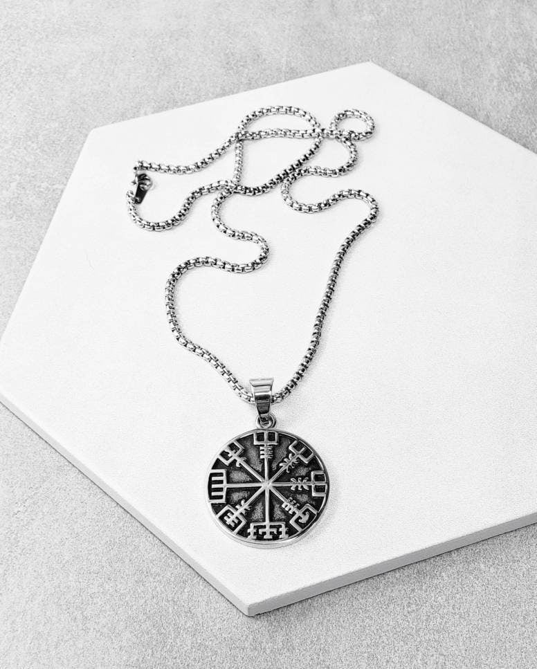 Men's "VIKING VEGVISIR COMPASS" Necklace| Men's Silver & Black Stainless Steel Viking Vegvisir Compass Pendant Necklace| Mens Chain Necklace