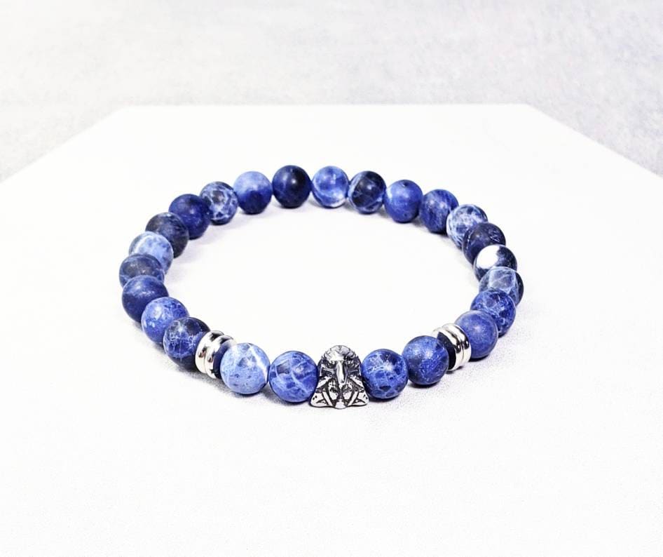 Men's "TRIBAL STEEL EAGLE" Bracelet| Men's Silver Stainless Steel Eagle Bead Bracelet| Men's Silver Eagle Blue Sodalite Gemstone Bracelet