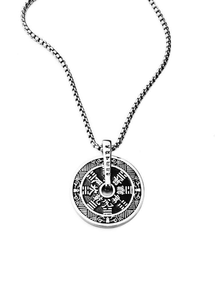 Men's "8 FOLD PATH AMULET" Necklace| Men's Silver & Black Stainless Steel Eightfold Path Spinner Amulet Necklace| Men's Box Chain Necklace