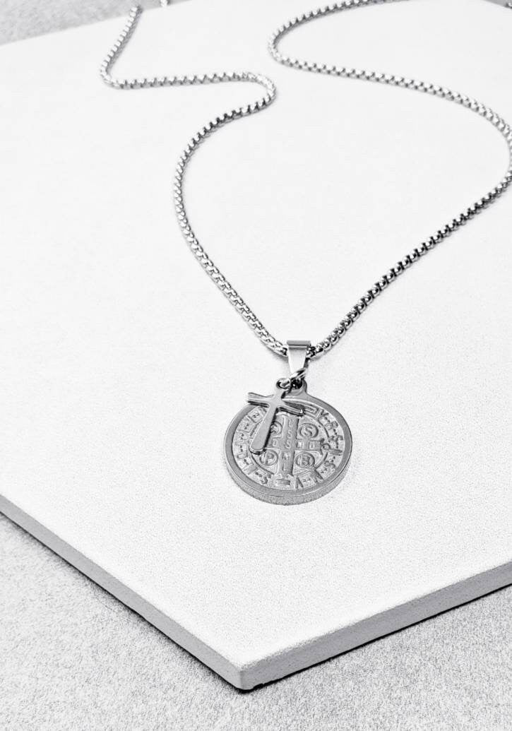 Men's "SAINT BENEDICT CROSS" Necklace| Men's Oxidized Silver Stainless Steel Saint Benedict Medallion & Cross Pendants Necklace