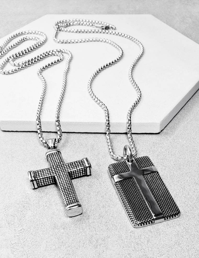 Men's "DOG TAG CROSS" Necklace| Men's Silver Stainless Steel Cross Dog Tag Pendant Necklace| Men's Silver Stainless Steel Box Chain Necklace