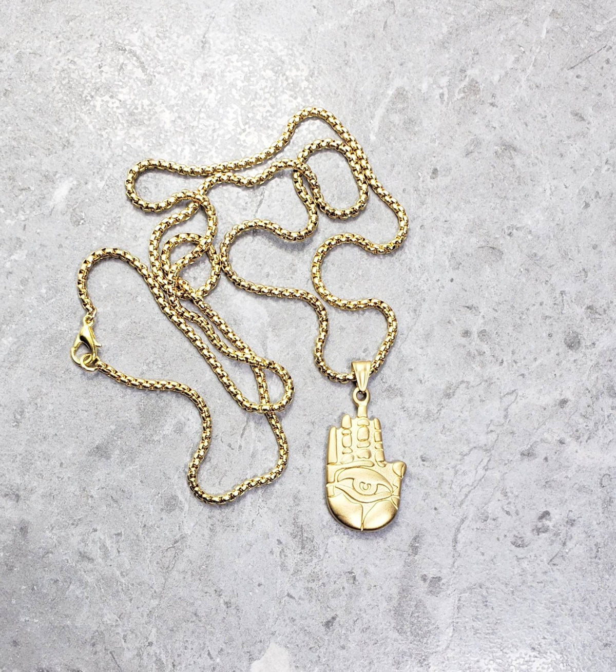 Men's "HAMSA PROTECTION EYE" Necklace| Men's Matte Gold Stainless Steel Hamsa Hand Evil Eye Pendant Necklace| Men's Gold Box Chain Necklace
