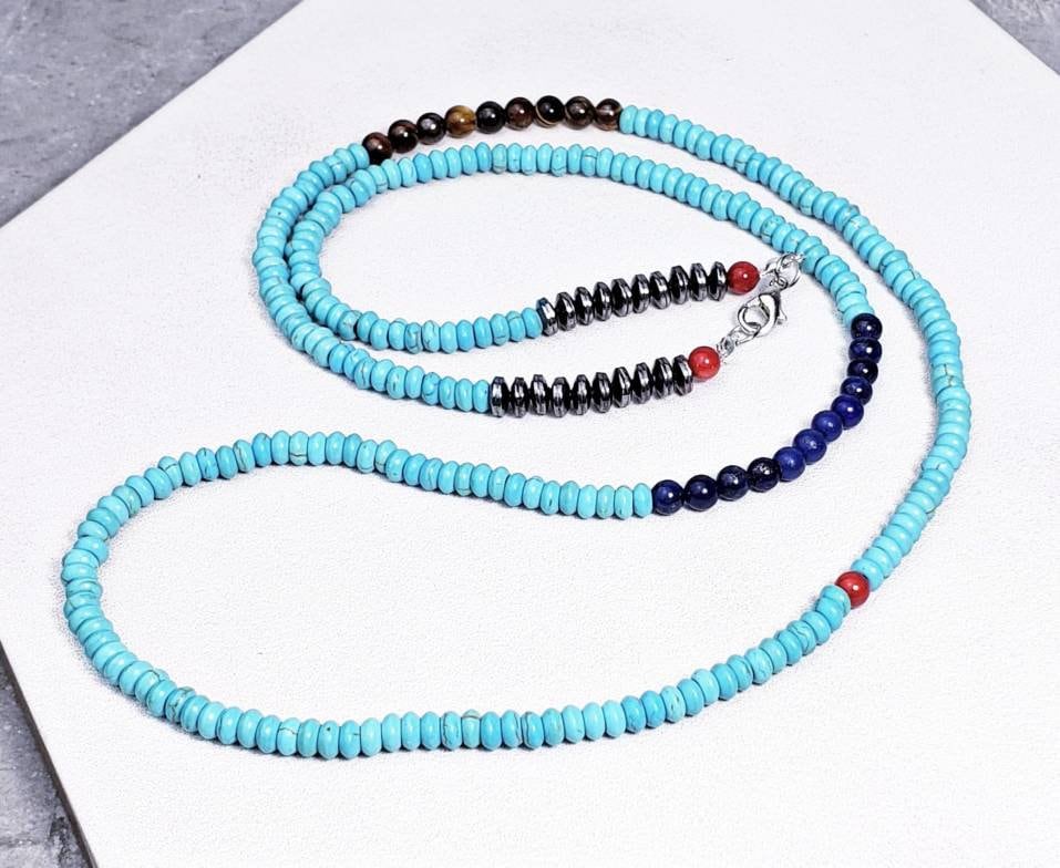 Men's "TRIBAL TURQUOISE STONE" Necklace| Men's Turquoise Gemstone Necklace| Men's Tiger Eye Lapis Lazuli Coral Turquoise Beaded Necklace