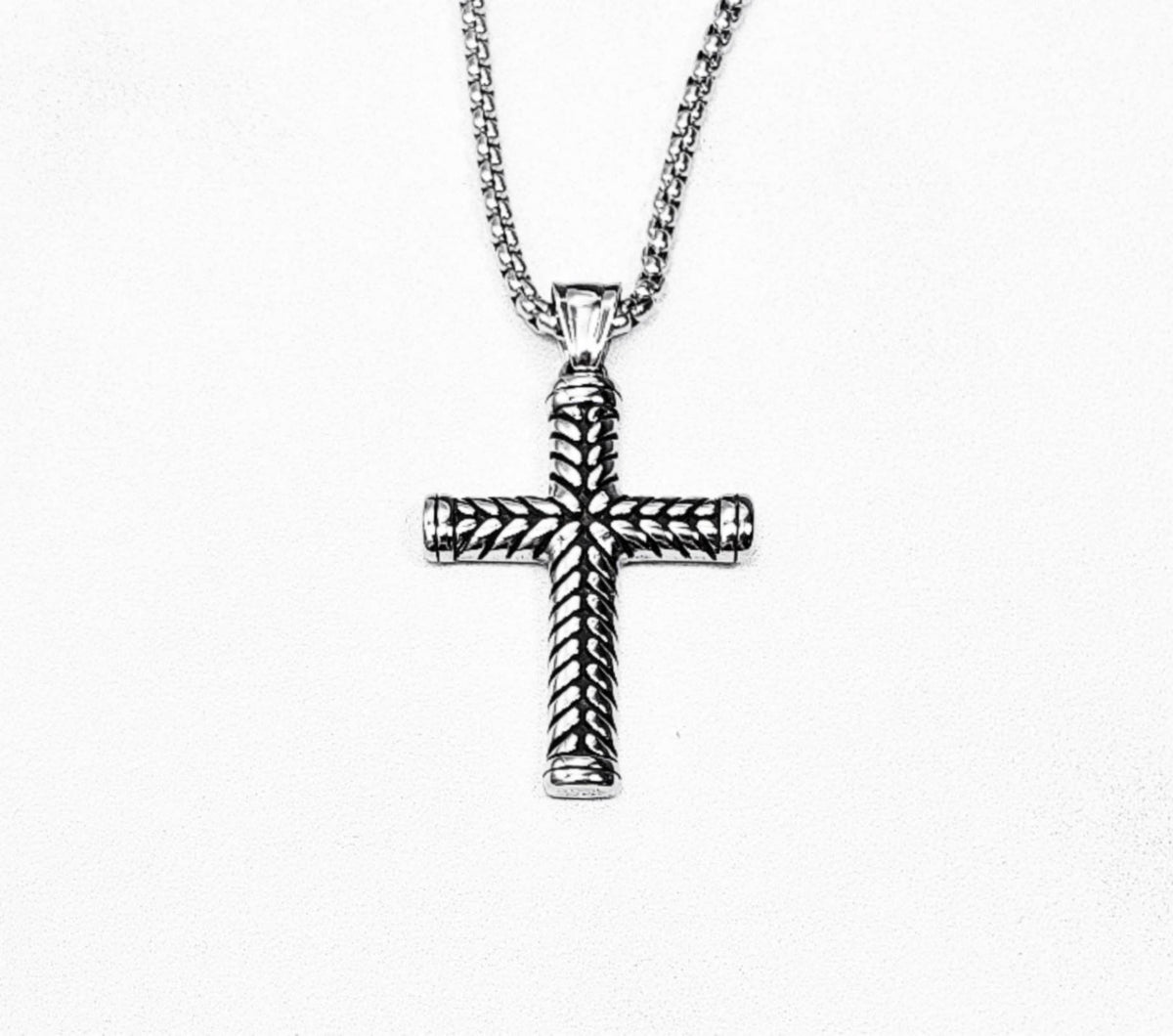 Men's "CHEVRON CROSS" Necklace| Men's Silver Stainless Steel Chevron Cross Pendant Necklace| Mens Silver Stainless Steel Box Chain Necklace
