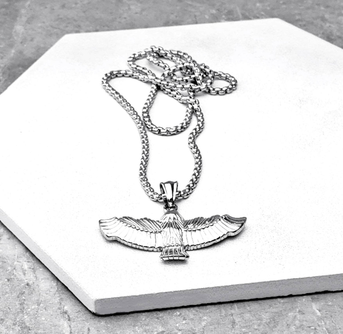 Men's "TRIBAL FLYING EAGLE" Necklace| Men's Silver Stainless Steel Tribal Flying Eagle Pendant Necklace| Men's Silver Box Chain Necklace