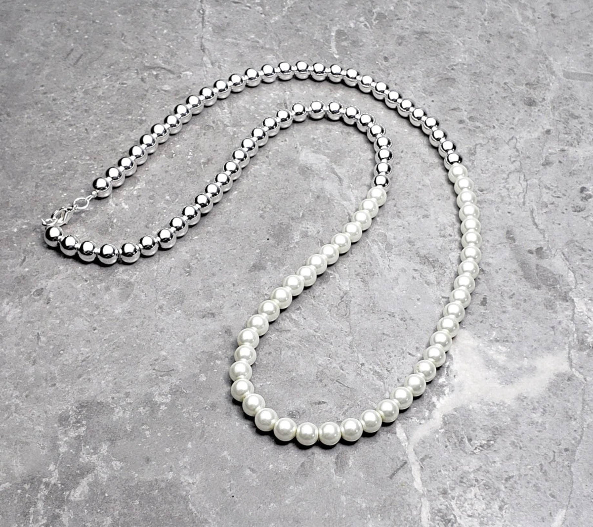 Men's "PLATINUM & PEARL" Necklace| Men's Platinum Silver Hematite Ivory Shell Pearls Gemstone Necklace| Men's Silver Pearl Beaded Necklace
