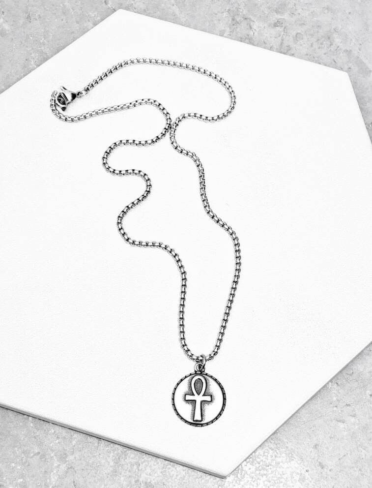 Men's "ANKH COIN" Necklace| Men's Silver Stainless Steel Ankh Coin Pendant Necklace| Mens Silver Stainless Steel Chain Necklace
