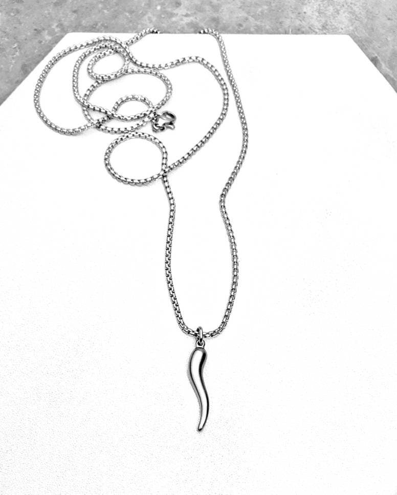 Men's "SILVER CORNICELLO" Necklace| Men's Silver Stainless Steel Italian Cornicello Pendant Necklace| Men's Silver Box Chain Necklace