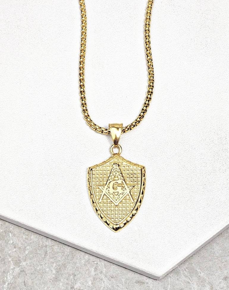 Men's "MASONIC SHIELD" Necklace| Men's Gold Stainless Steel Masonic G Shield Pendant Necklace| Men's Stainless Steel Box Chain Necklace