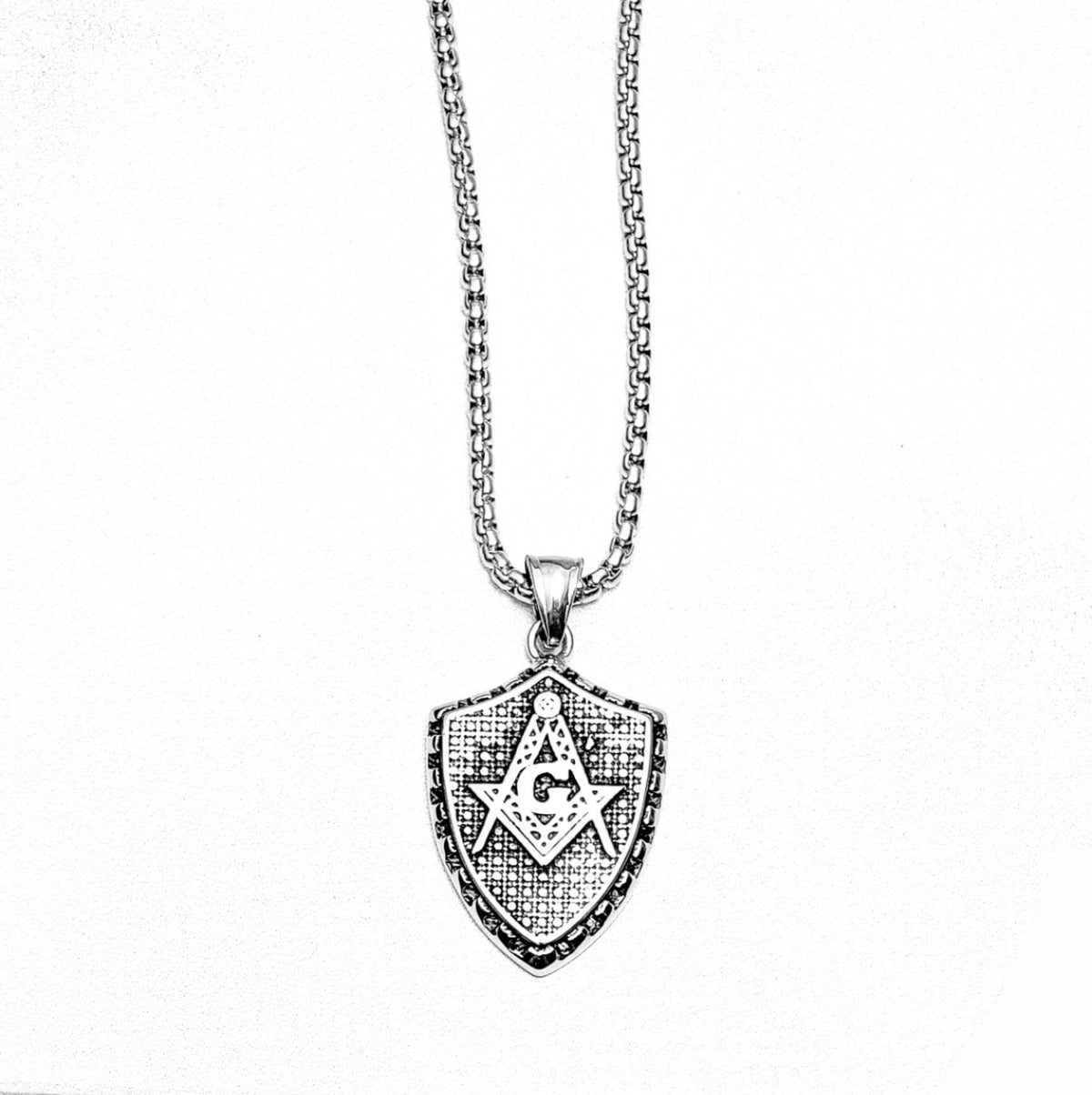Men's "MASONIC SHIELD" Necklace| Men's Silver Stainless Steel Masonic G Shield Pendant Necklace| Men's Stainless Steel Box Chain Necklace
