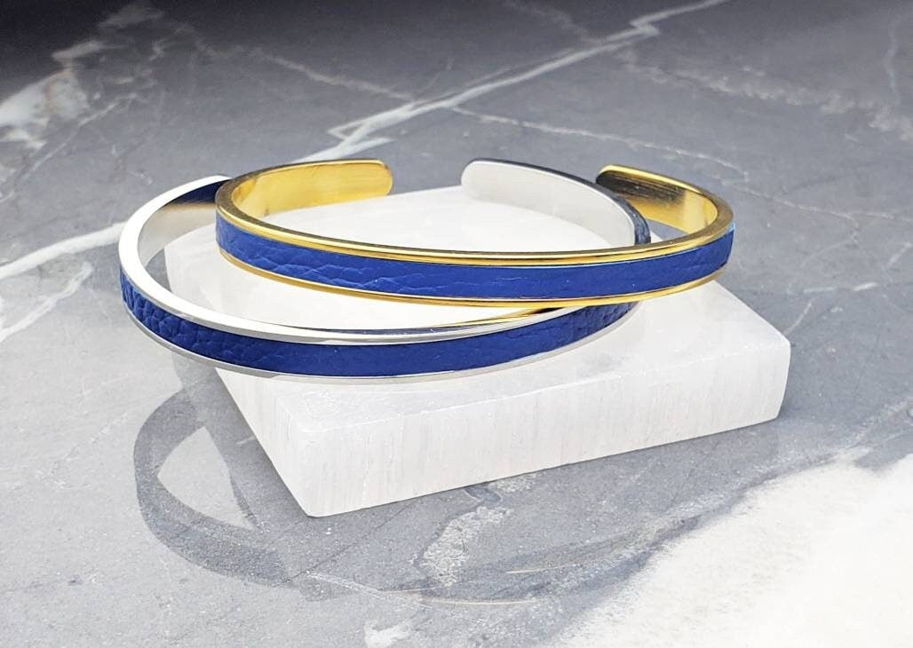 Men's "BLUE LEATHER CUFF" Bracelet| Men's Silver Stainless Steel Blue Leather Inlay Cuff Bracelet| Men's Blue Leather Cuff Bracelet