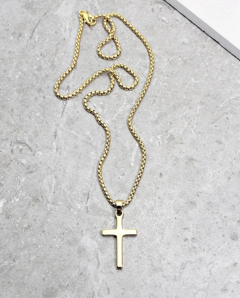 Men's "GOLD STEEL CROSS" Necklace| Men's Gold Stainless Steel Cross Pendant Necklace| Men's Gold Stainless Steel Box Chain Necklace