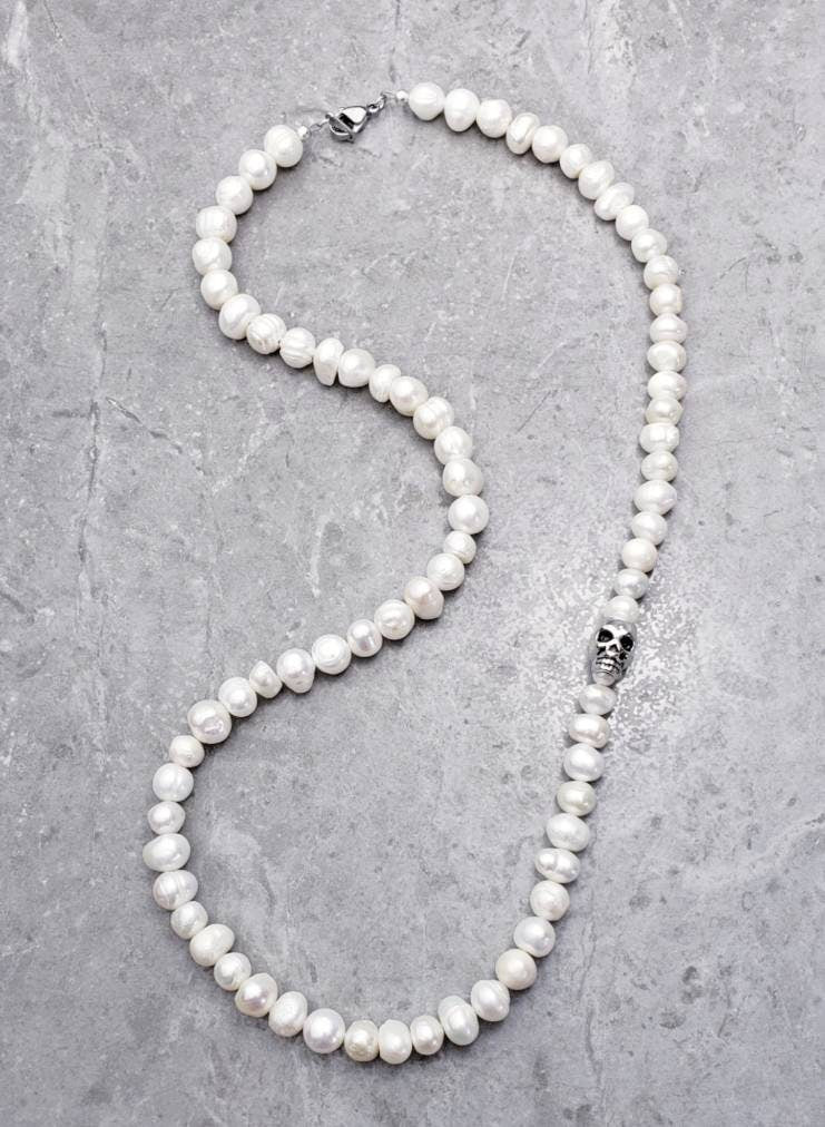 Men's "SKULL & PEARL" Necklace| Men's Silver Skull Freshwater Baroque Pearls Beaded Necklace| Men's Silver Skull Pearl Beaded Necklace