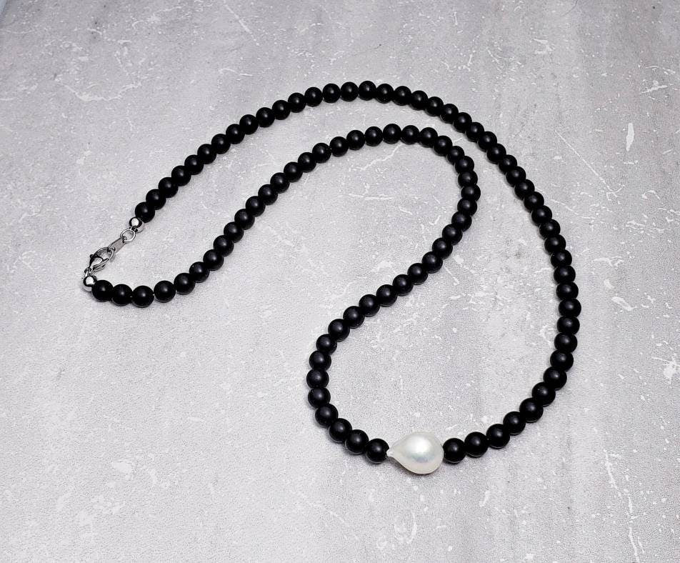 Men Matte Black Onyx Baroque Freshwater Pearl Bead Necklace