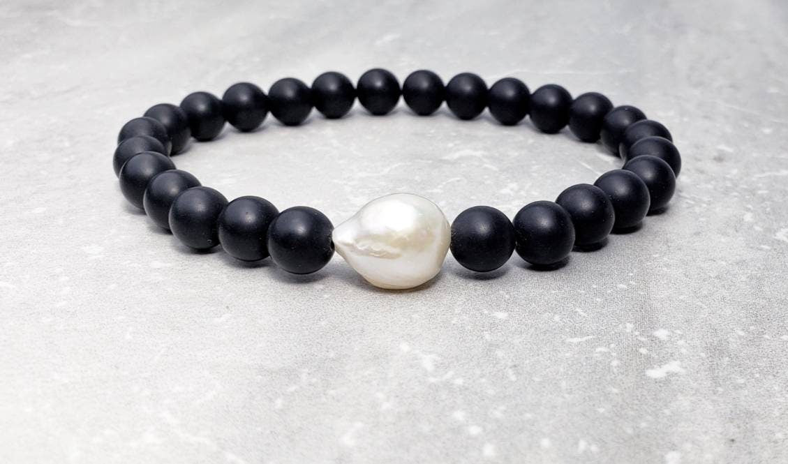 Men Matte Black Onyx Baroque Freshwater Pearl Bead Bracelet