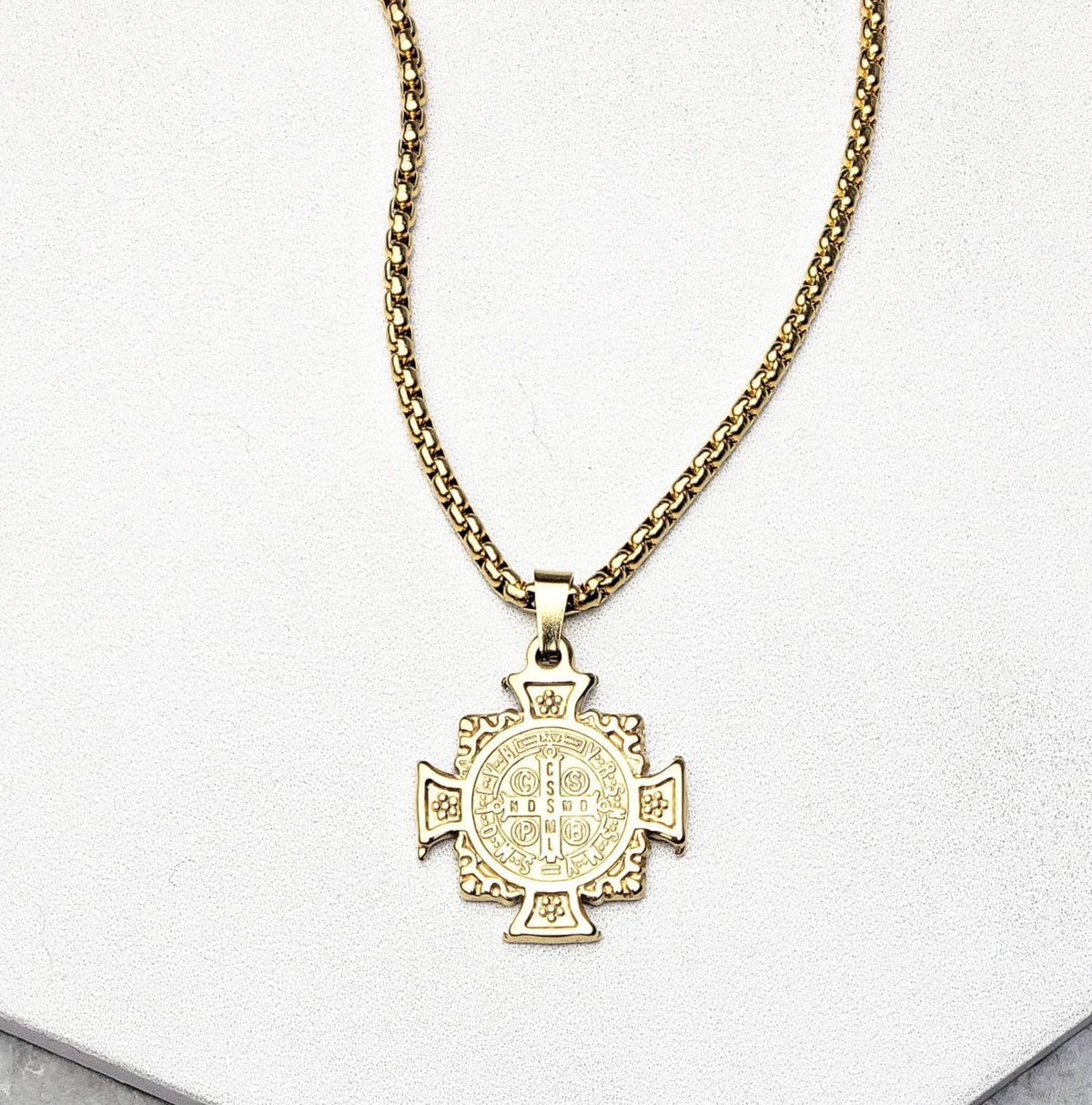 Men's "SAINT BENEDICT CROSS" Necklace| Men's Gold Stainless Steel Saint Benedict Cross Pendant Necklace| Men Gold Box Chain Necklace