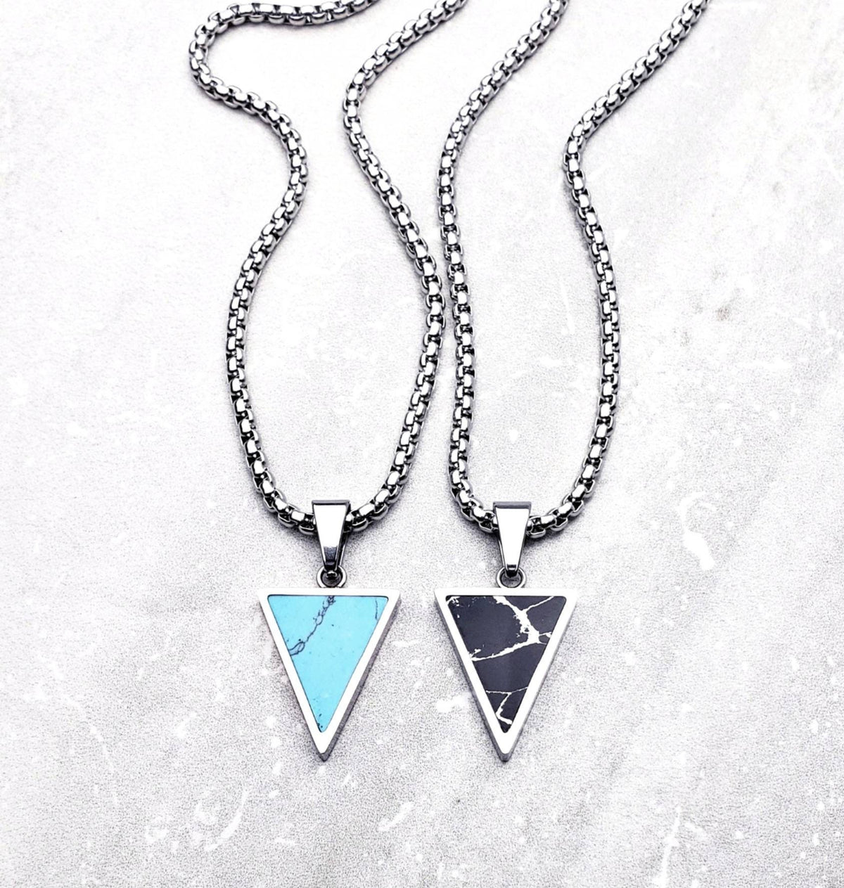 Men's "STONE GEO TRIANGLE" Necklace| Men's Silver Stainless Steel Black Imperial Jasper Gemstone Inlay Geo Triangle Pendant Necklace