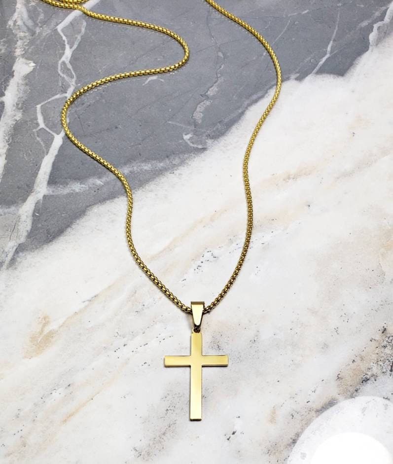 Men's "GOLD STEEL CROSS" Necklace| Men's Gold Stainless Steel Cross Pendant Necklace| Men's Gold Stainless Steel Box Chain Necklace