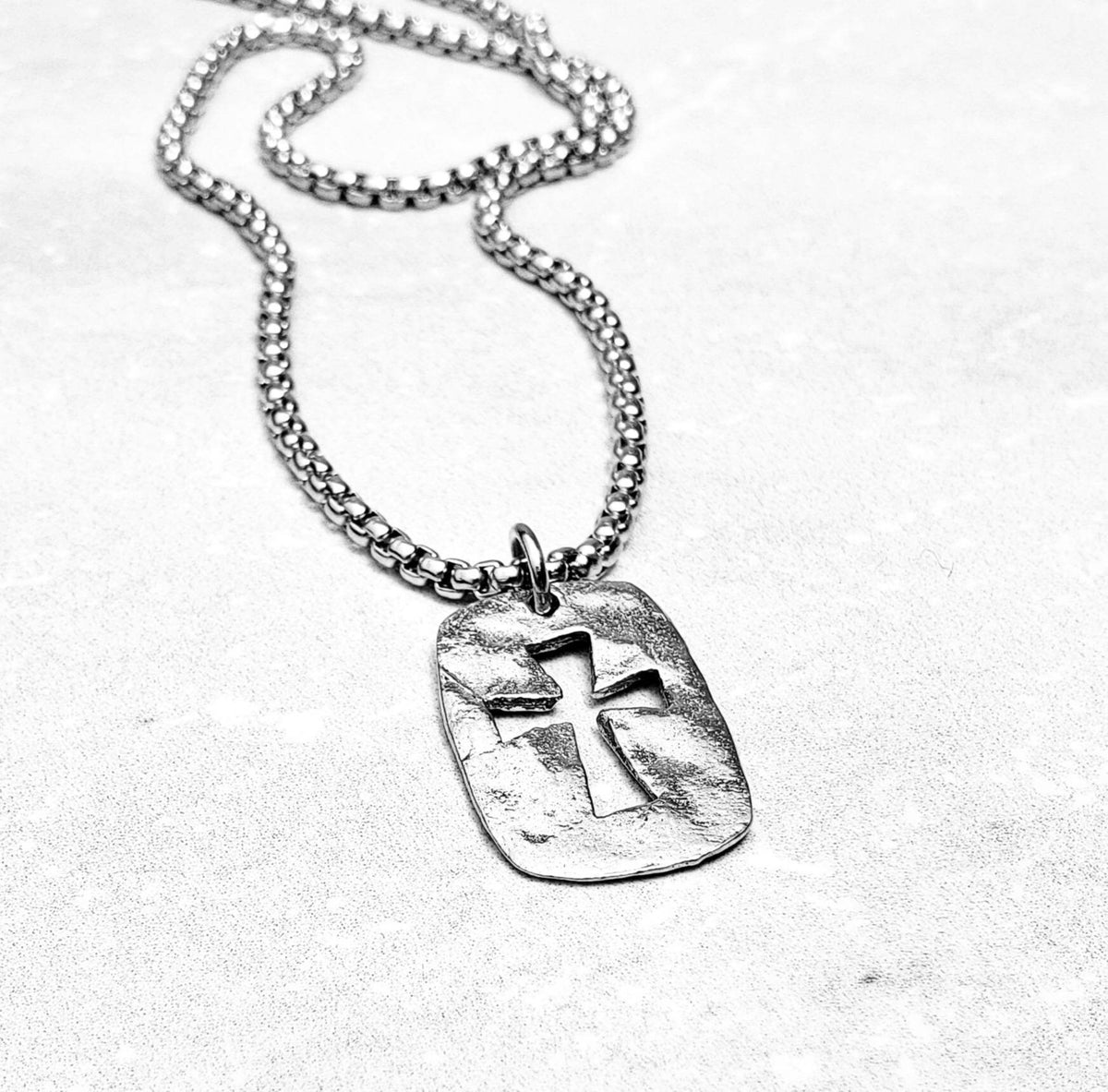 Men's "RUSTIC CROSS TAG" Necklace| Men's Silver Stainless Steel Rustic Cross Dog Tag Pendant Necklace| Mens Stainless Steel Chain Necklace