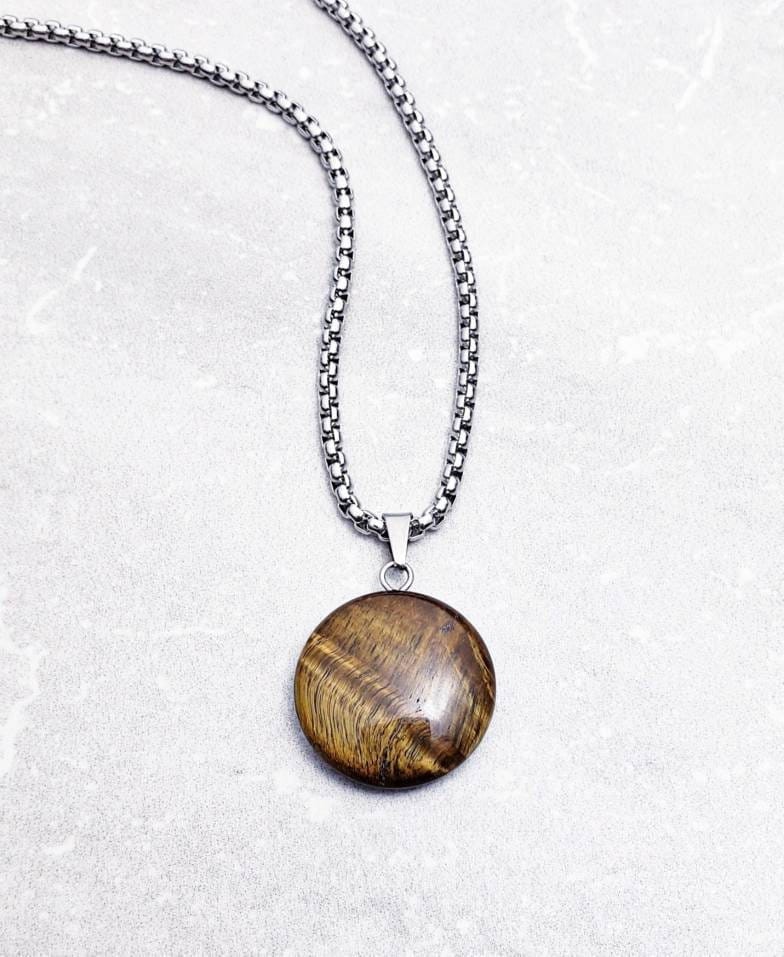 Men's "TIGER EYE COIN" Pendant Necklace| Men's Tiger Eye Gemstone Coin Pendant Necklace| Men's Silver Stainless Steel Box Chain Necklace