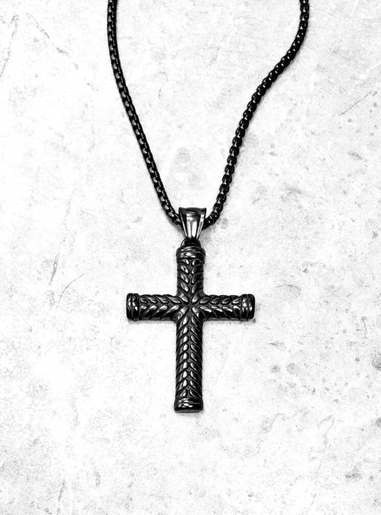 Men's "CHEVRON CROSS" Necklace| Men's Black Stainless Steel Chevron Cross Pendant Necklace| Men's Black Stainless Steel Box Chain Necklace