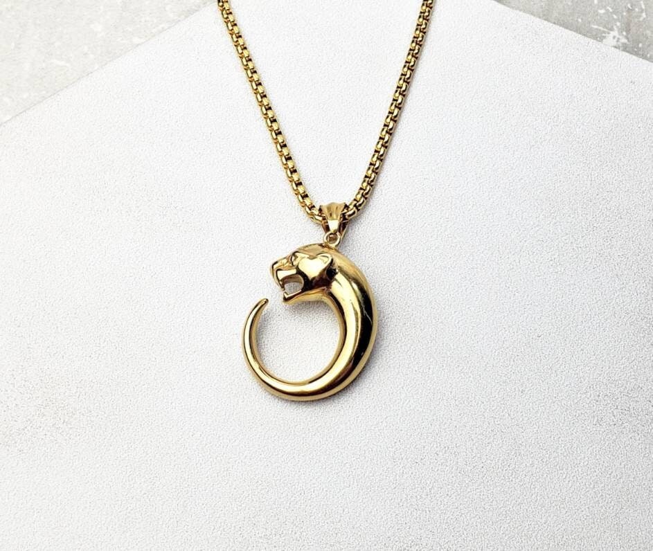 Men's "GOLD LUX TIGER" Pendant Necklace| Men's Gold Stainless Steel Tiger Pendant Necklace| Men's Gold Stainless Steel Box Chain Necklace