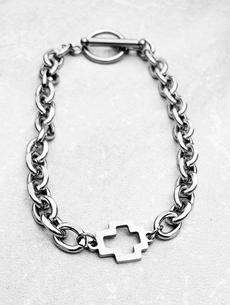 Men's "CROSS CHAIN" Bracelet| Men's Silver Stainless Steel Cross Link Chain Bracelet| Men's Layering Silver Chain Toggle Clasp Bracelet